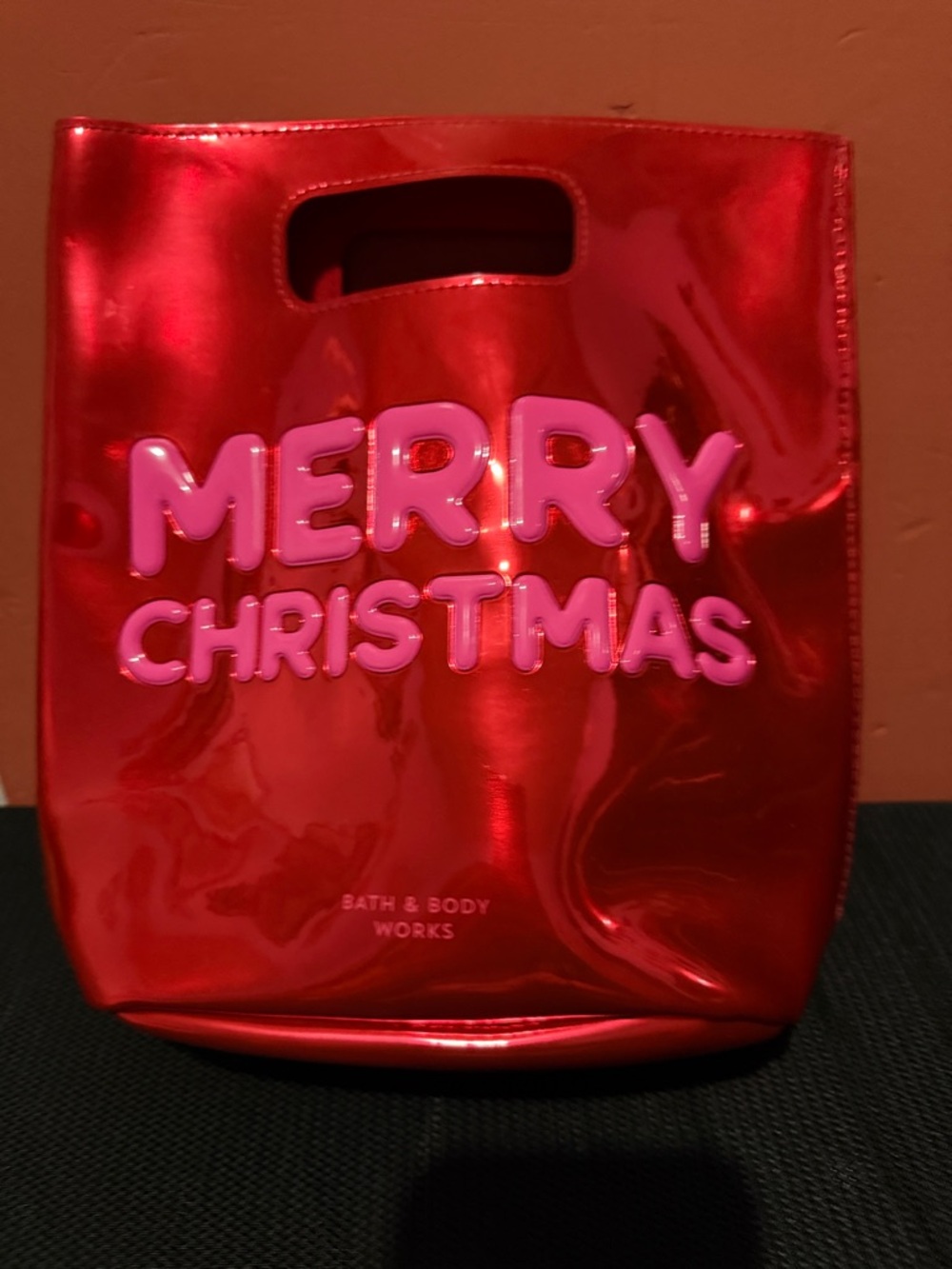 Bath & Body Works Shiny Red  small tote for candles/spray MERRYCHRISTMAS LETTERS